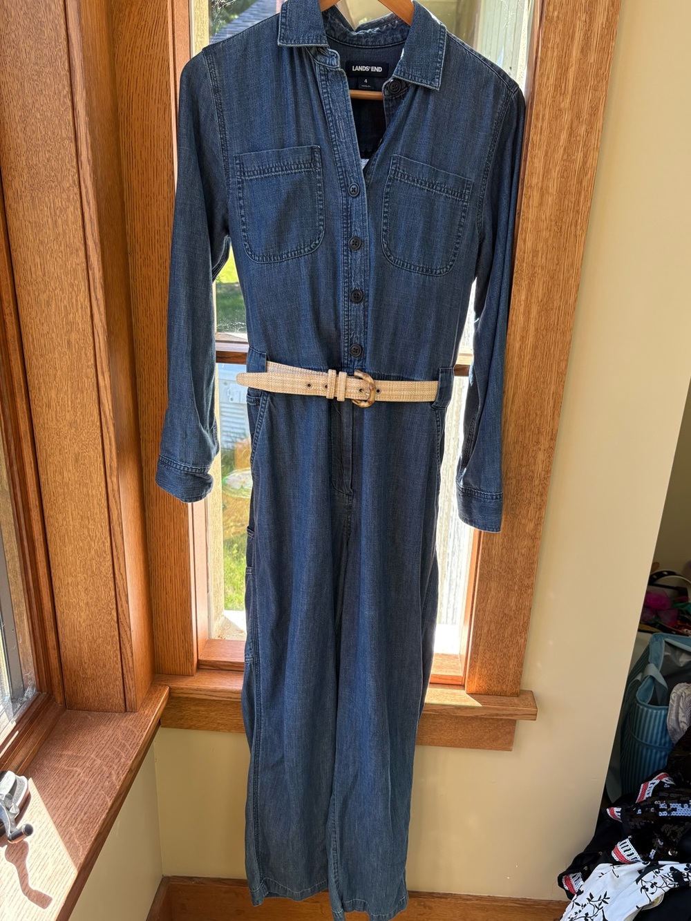Lands' End Indigo Denim Button-Up Jumpsuit with Woven Belt Size 4 (Runs Big)
